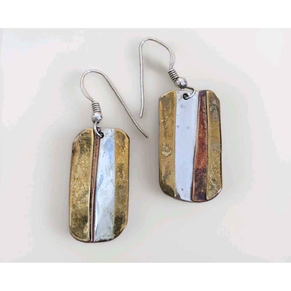 Lazaro G Signed Modern Geometric Sterling Brass Copper Dangle Earrings 1.10" Vtg